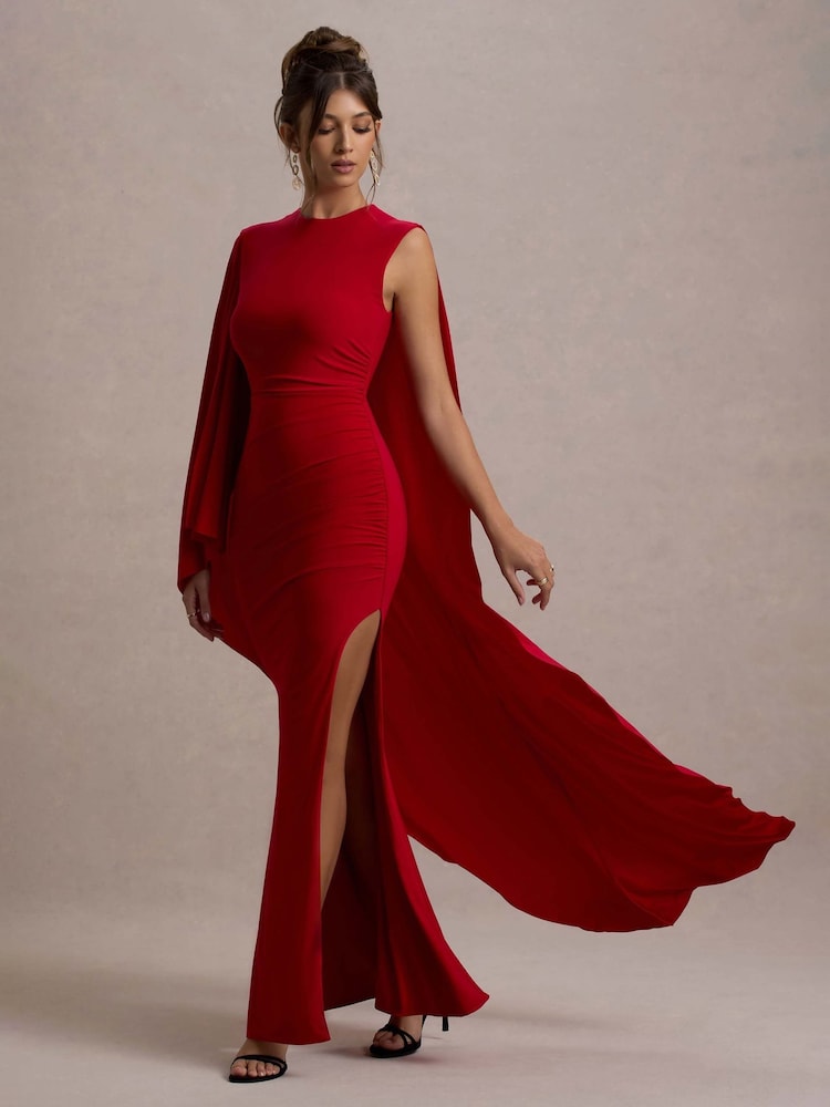 Club L London Red Yuna Draped Maxi Dress With Cape - Image 6 of 6