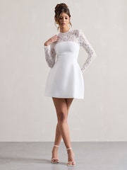 Club L London White Mini Birdie Lace Long Sleeve Bridal Dress - Image 1 of 5