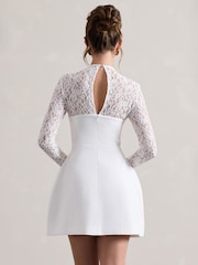 Club L London White Mini Birdie Lace Long Sleeve Bridal Dress - Image 2 of 5