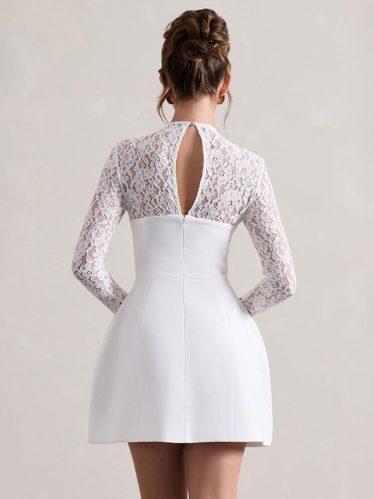 Club L London White Mini Birdie Lace Long Sleeve Bridal Dress - Image 2 of 5
