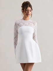 Club L London White Mini Birdie Lace Long Sleeve Bridal Dress - Image 3 of 5