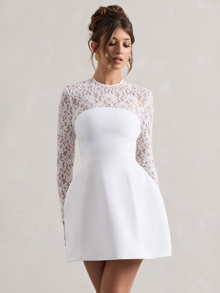 Club L London White Mini Birdie Lace Long Sleeve Bridal Dress - Image 3 of 5