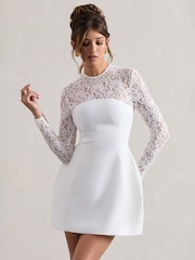 Club L London White Mini Birdie Lace Long Sleeve Bridal Dress - Image 4 of 5