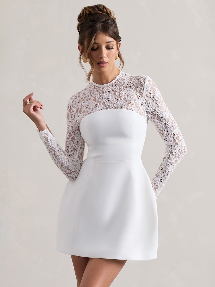 Club L London White Mini Birdie Lace Long Sleeve Bridal Dress - Image 4 of 5