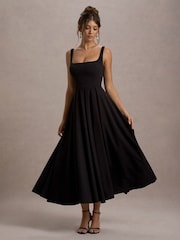 Club L London Black Parina Strappy Volume Hem Midi Dress - Image 1 of 6