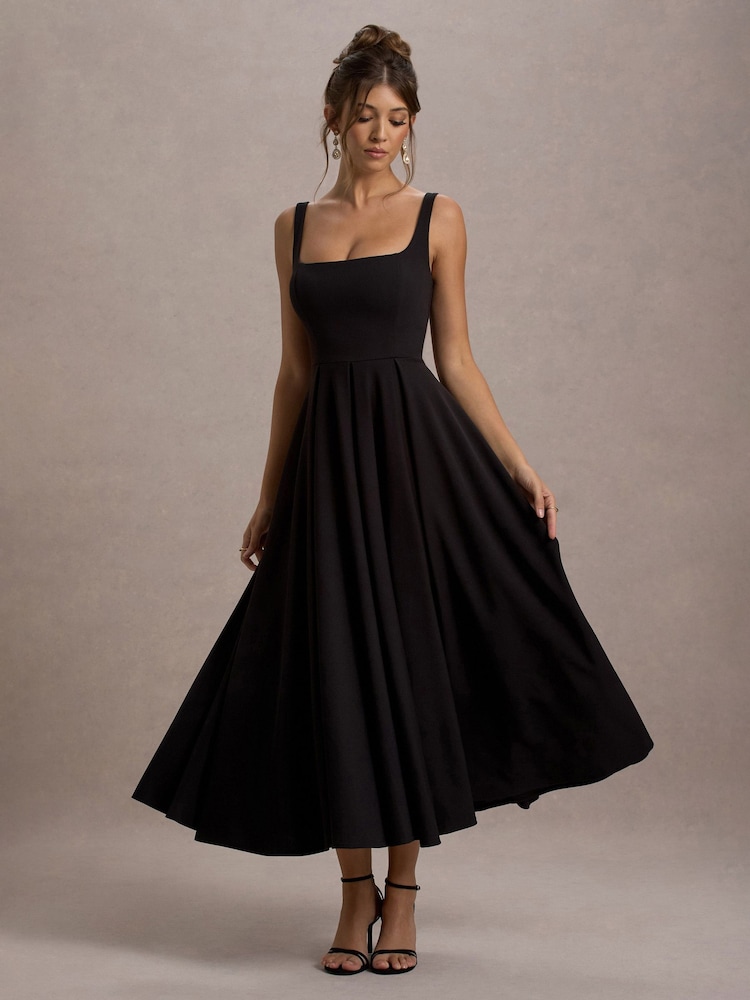 Club L London Black Parina Strappy Volume Hem Midi Dress - Image 1 of 6