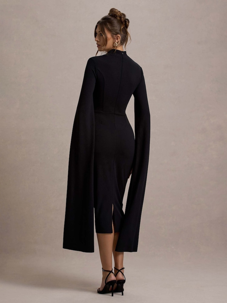 Club L London Black Linden Bodycon Cape-Sleeve Midi Dress - Image 2 of 6
