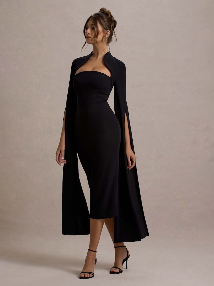 Club L London Black Linden Bodycon Cape-Sleeve Midi Dress - Image 5 of 6