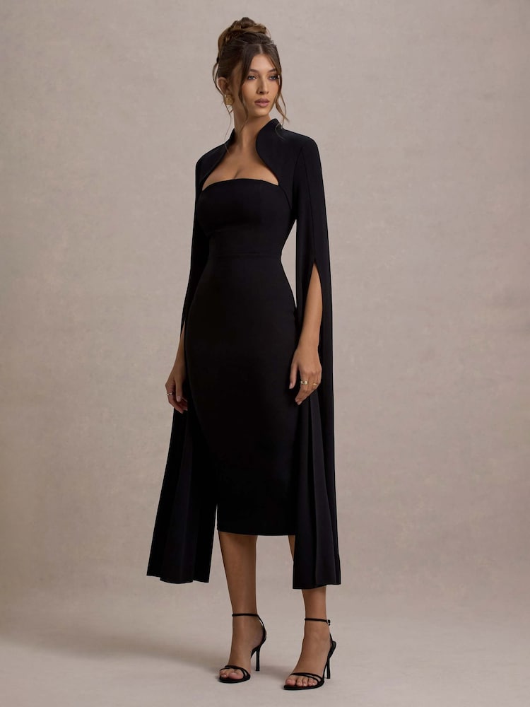 Club L London Black Linden Bodycon Cape-Sleeve Midi Dress - Image 6 of 6