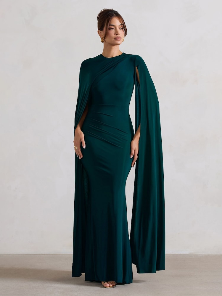 Club L London Teal Magdelena Asymmetric Cape Maxi Dress - Image 1 of 5