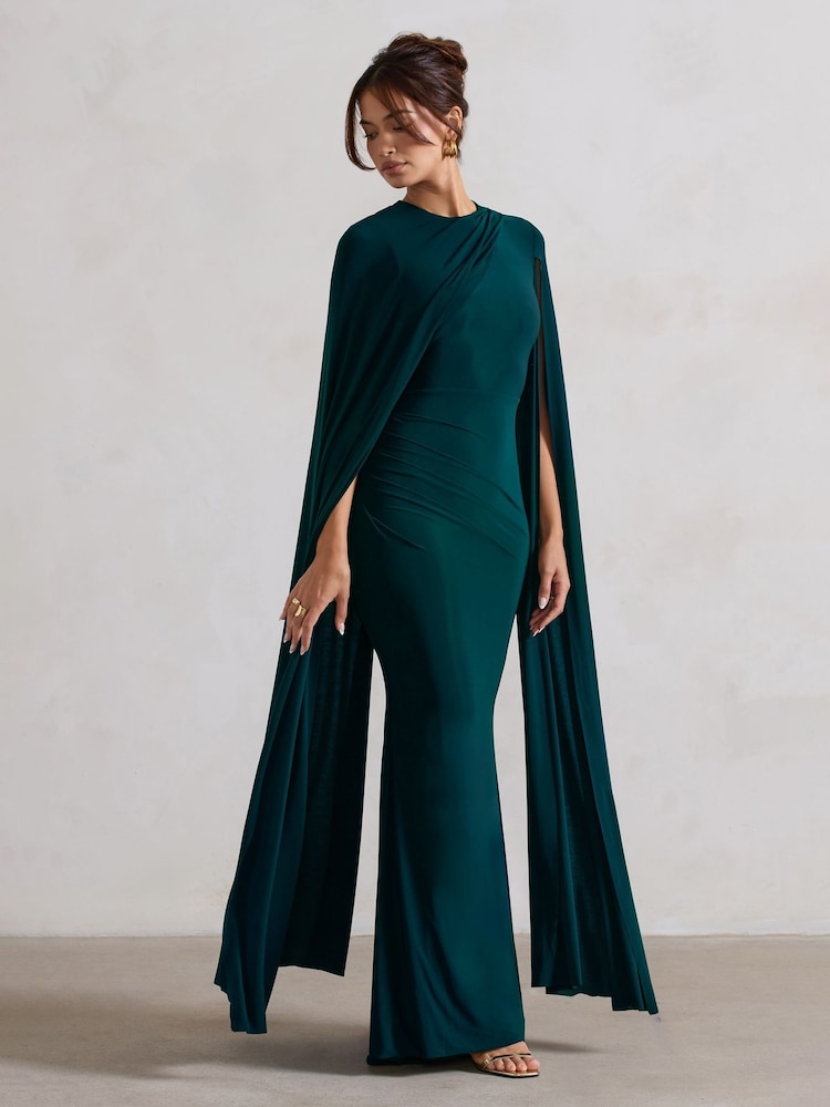 Club L London Teal Magdelena Asymmetric Cape Maxi Dress - Image 3 of 5