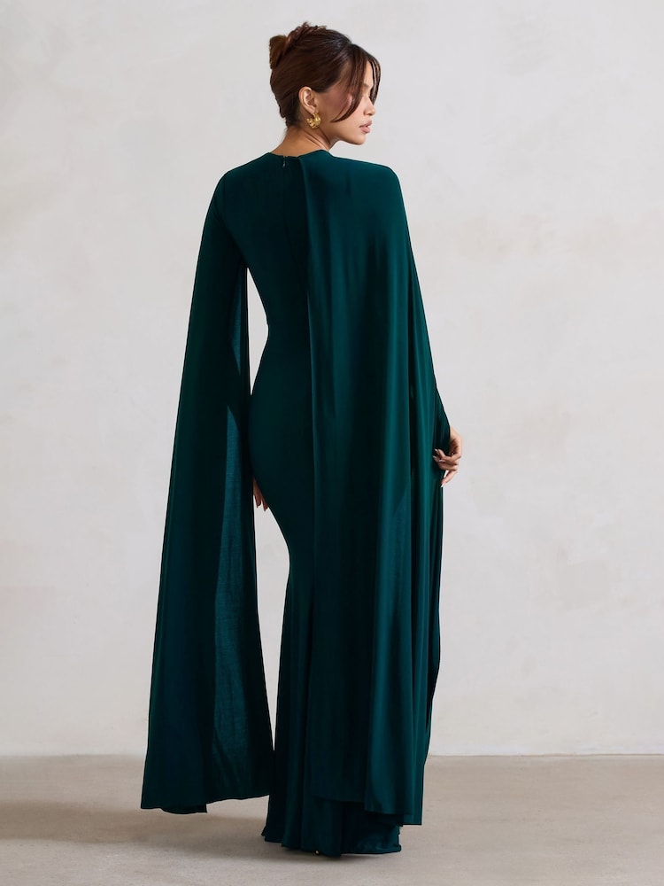 Club L London Teal Magdelena Asymmetric Cape Maxi Dress - Image 4 of 5