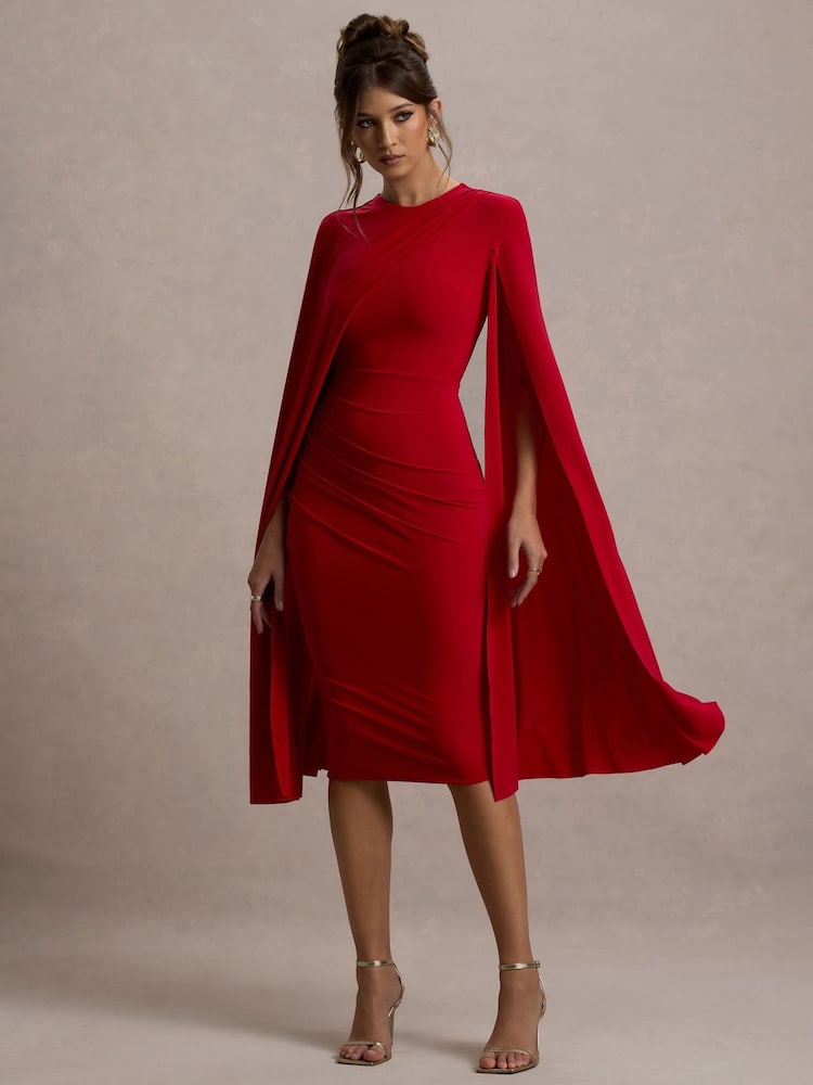 Club L London Red Marysol Asymmetric Cape Midi Dress - Image 1 of 7 Club L London Red Marysol Asymmetric Cape Midi Dress - Image 1 of 7