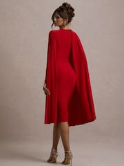 Club L London Red Marysol Asymmetric  Cape Midi Dress - Image 2 of 7