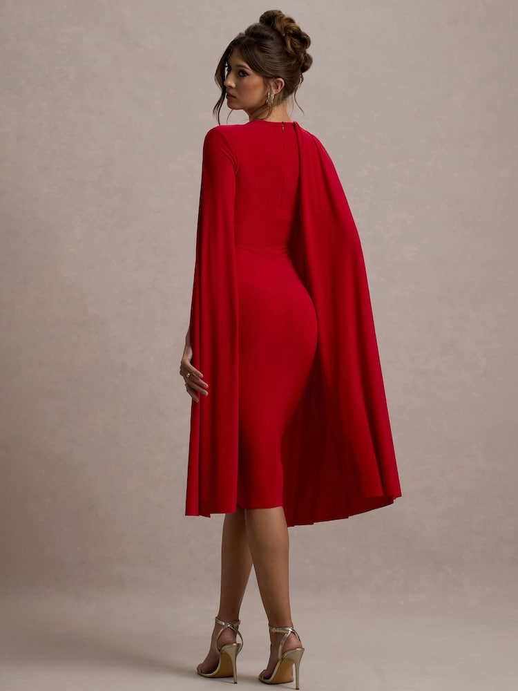 Club L London Red Marysol Asymmetric  Cape Midi Dress - Image 2 of 7