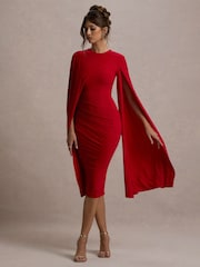 Club L London Red Marysol Asymmetric  Cape Midi Dress - Image 3 of 7