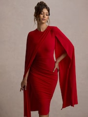 Club L London Red Marysol Asymmetric  Cape Midi Dress - Image 6 of 7