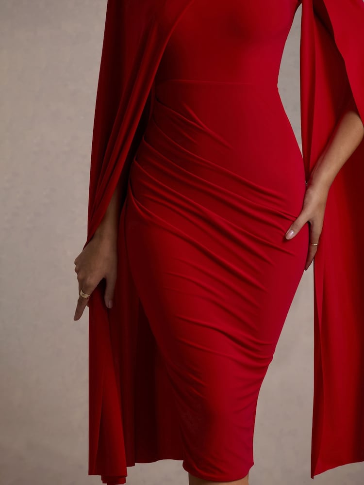 Club L London Red Marysol Asymmetric Cape Midi Dress - Image 7 of 7 Club L London Red Marysol Asymmetric Cape Midi Dress - Image 7 of 7