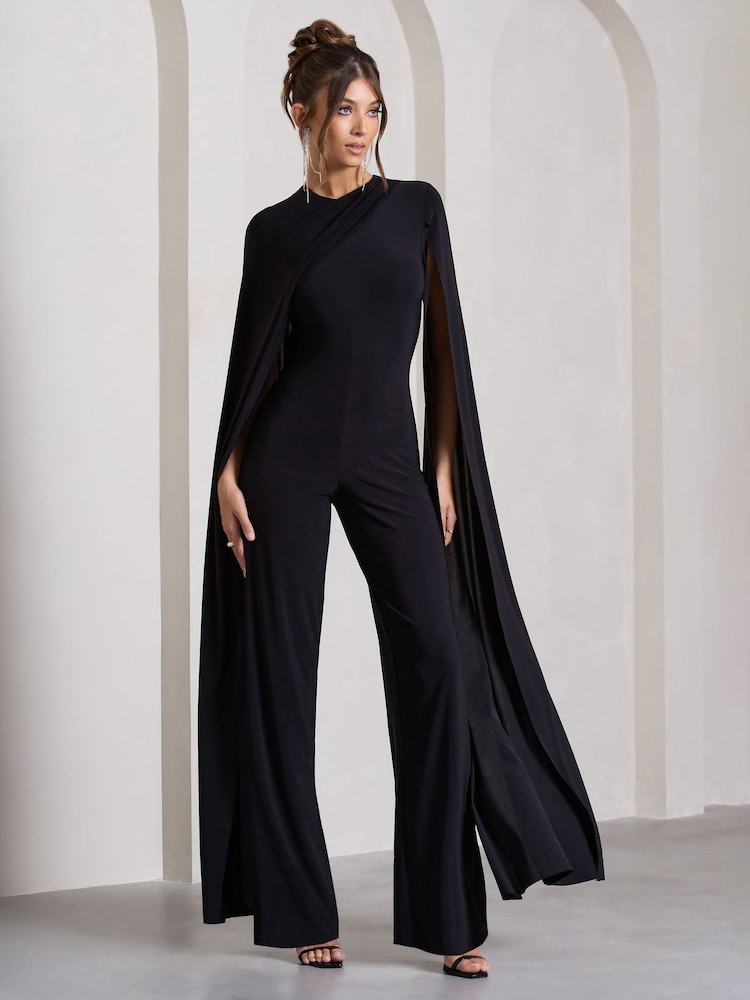 Club L London Black Harley Straight-Leg Jumpsuit With Cape Sleeves - Image 3 of 5