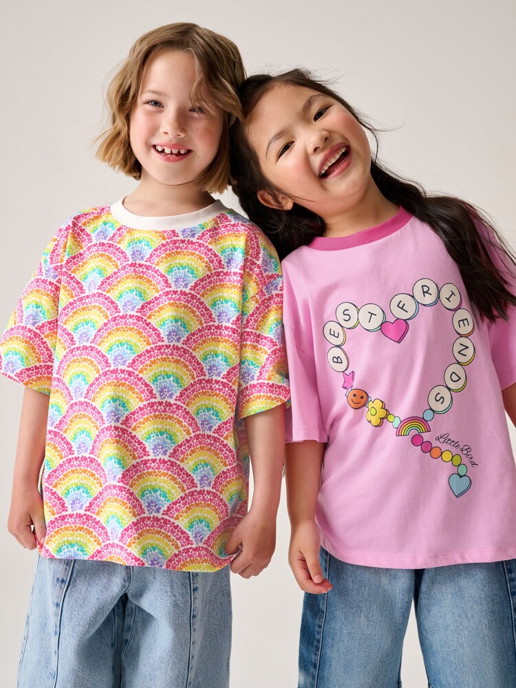 Little Bird by Jools Oliver Pink Oversized Rainbow Short Sleeve 100% Cotton T-Shirts 2 Pack - Image 1 of 17