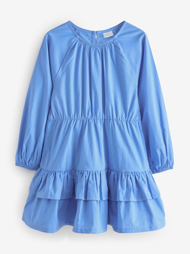 Blue Tiered Long Sleeves 100% Cotton Dress - Image 1 of 1