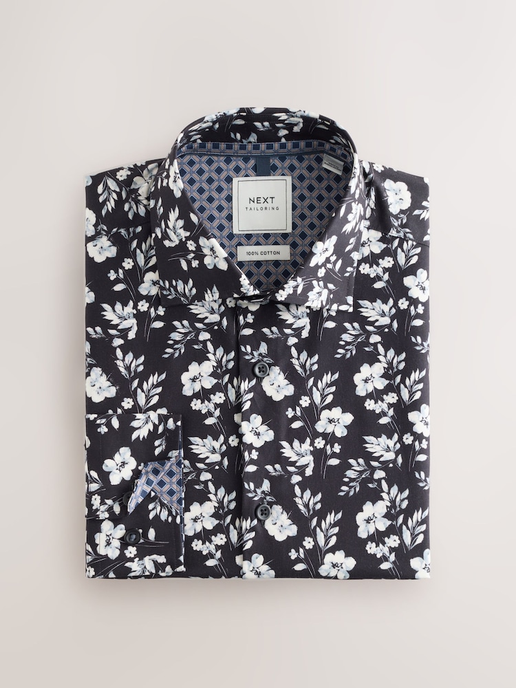 Black/White Floral Regular Fit Printed Long Sleeve Single Cuff Formal Shirt - Image 1 of 3