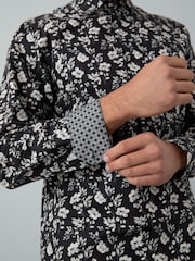 Black/White Floral Regular Fit Printed Long Sleeve Single Cuff Formal Shirt - Image 5 of 9