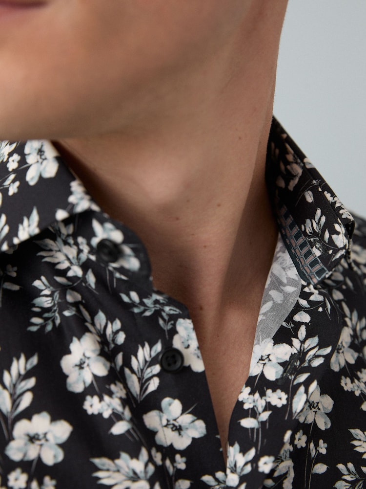 black and white floral dress shirt Black Floral Men's Designer Dress Shirt- Men's Long Sleeve Black And White Metallic Shirt| Austere By Eight X