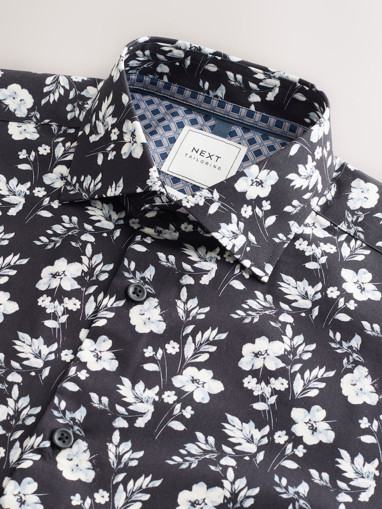 Black/White Floral Regular Fit Printed Long Sleeve Single Cuff Formal Shirt - Image 9 of 9