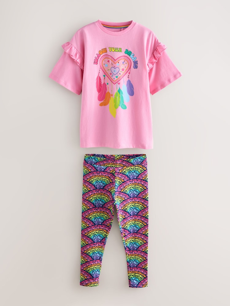 Little Bird by Jools Oliver Pink Rainbow T-Shirt and Leggings Set - Image 1 of 4