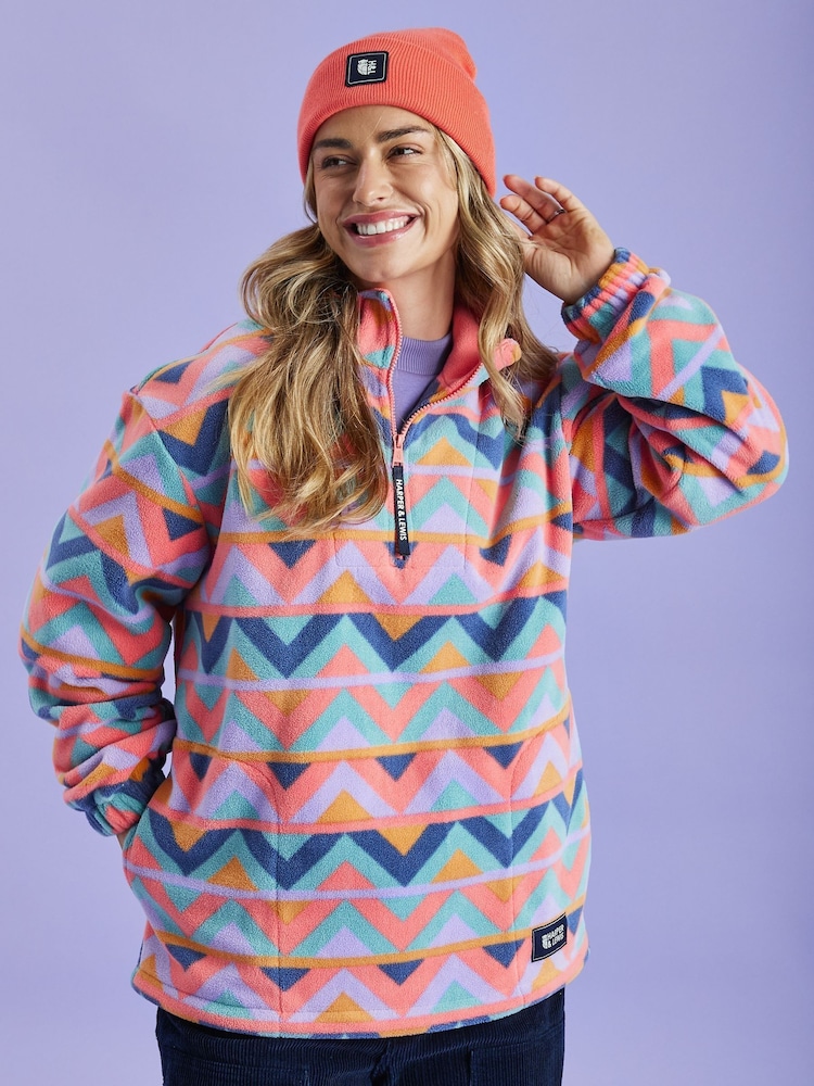 Harper & Lewis Red Red Raver Retro Pattern Quarter Zip Fleece - Image 1 of 7