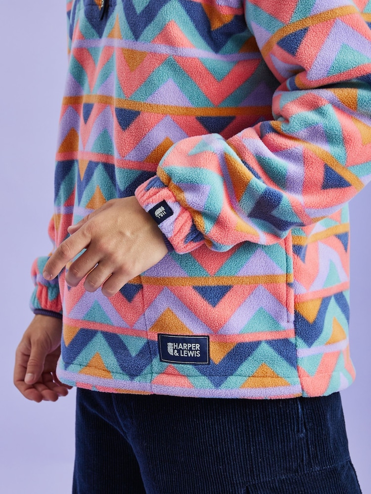 Harper & Lewis Red Red Raver Retro Pattern Quarter Zip Fleece - Image 5 of 7
