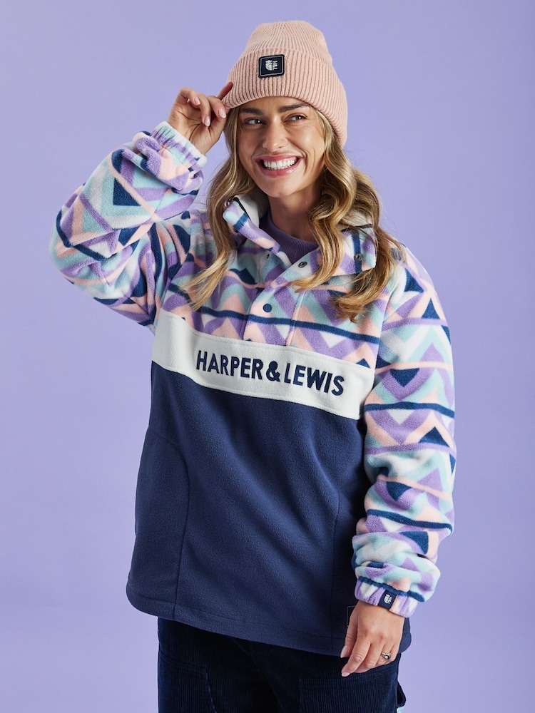 Harper & Lewis Blue Polar Retro Pattern Popper Neck Fleece - Image 1 of 8