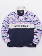 Harper & Lewis Blue Polar Retro Pattern Popper Neck Fleece - Image 8 of 8