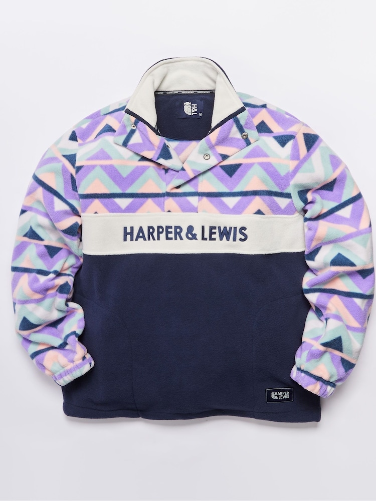 Harper & Lewis Blue Polar Retro Pattern Popper Neck Fleece - Image 8 of 8