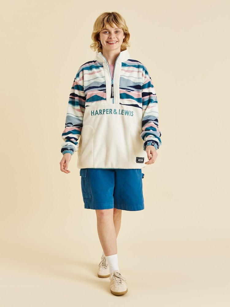 Harper & Lewis Cream Cream Bodie Retro Pattern Quarter Zip Fleece - Image 1 of 4 Harper & Lewis Cream Cream Bodie Retro Pattern Quarter Zip Fleece - Image 1 of 4