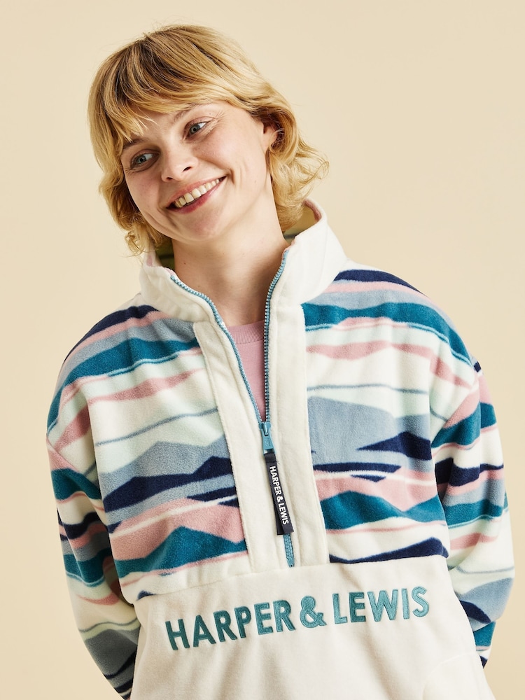 Harper & Lewis Cream Cream Bodie Retro Pattern Quarter Zip Fleece - Image 2 of 4 Harper & Lewis Cream Cream Bodie Retro Pattern Quarter Zip Fleece - Image 2 of 4