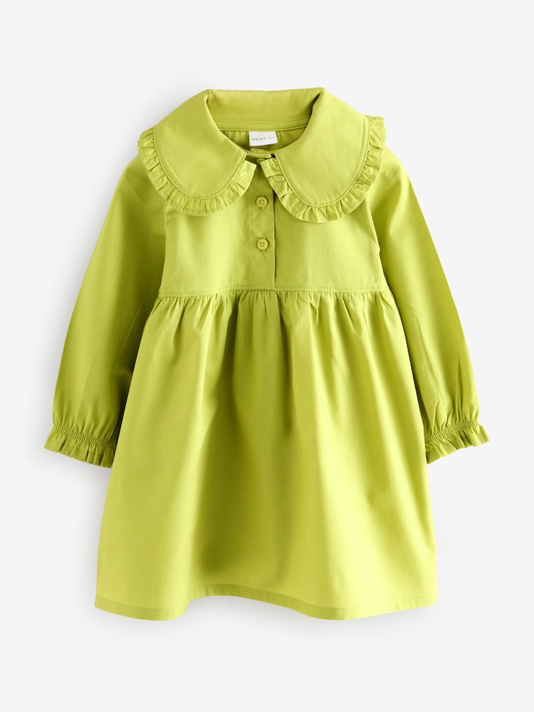 Green Long Sleeve Collar 100% Cotton Dress - Image 1 of 5