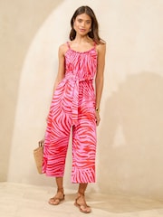 Lipsy Pink Petite Palm Cami Culotte Jumpsuit - Image 1 of 4