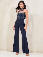 Lipsy Navy Petite Halter Sequin Embellished Lace Top Jumpsuit - Image 1 of 4