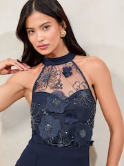 Lipsy Navy Petite Halter Sequin Embellished Lace Top Jumpsuit - Image 3 of 4