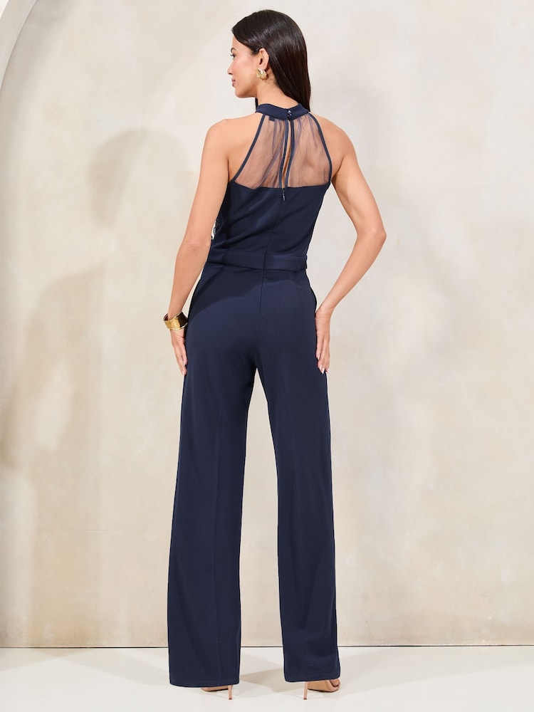 Lipsy Navy Petite Halter Sequin Embellished Lace Top Jumpsuit - Image 4 of 4 Lipsy Navy Petite Halter Sequin Embellished Lace Top Jumpsuit - Image 4 of 4
