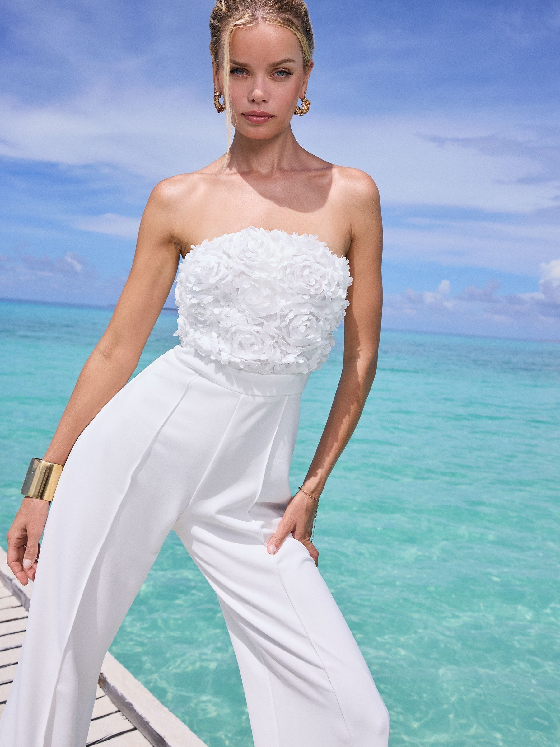 Buy Lipsy White Petite 3D Floral Bandeau Wide Leg Jumpsuit from