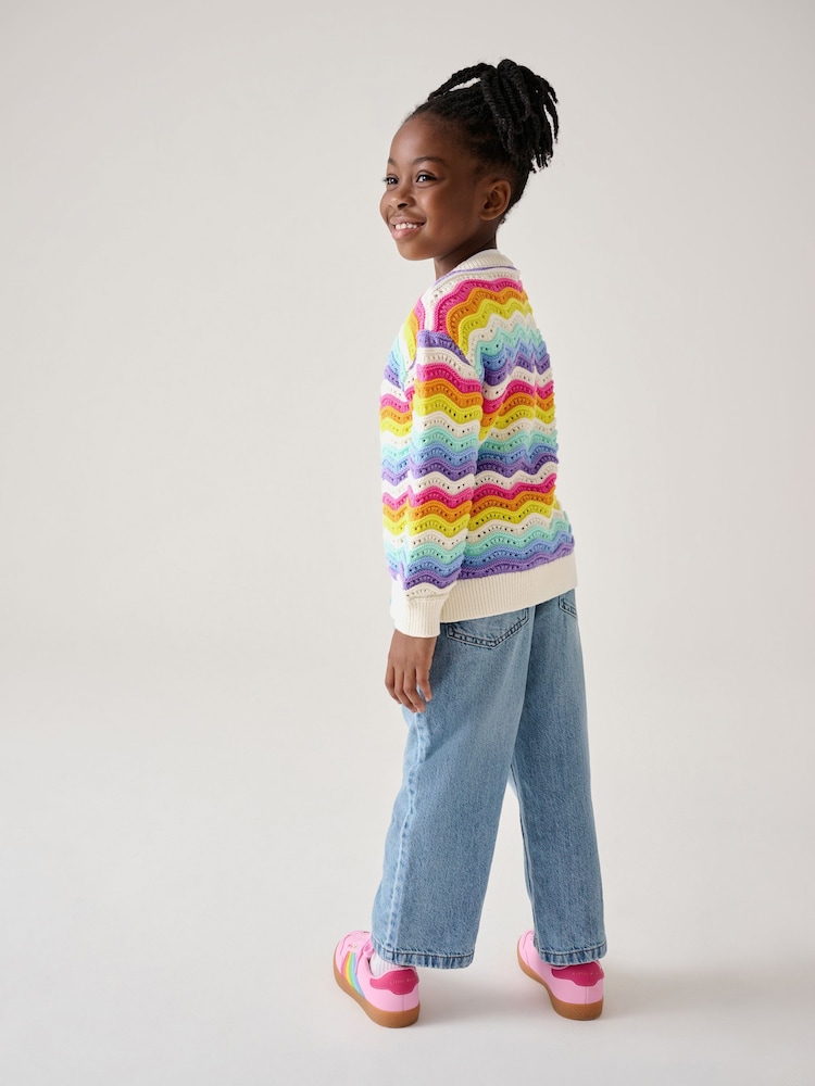 Little Bird by Jools Oliver Rainbow 100% Cotton Wavy Stripe Knitted Cardigan - Image 7 of 7