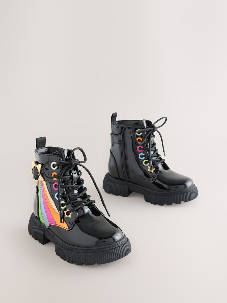 Little Bird by Jools Oliver Black Rainbow Chunky Lace Up Boots - Image 2 of 5