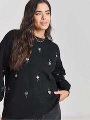 Simply Be Black Rose Embroidered Jumper - Image 1 of 4