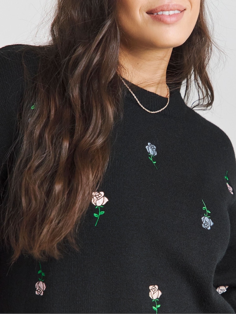 Simply Be Black Rose Embroidered Jumper - Image 3 of 4