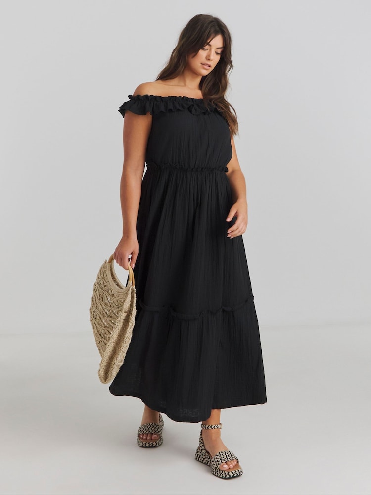 Simply Be Black Beach To Beach Cheesecloth Maxi Bardot Cover-Up - Image 1 of 4 Simply Be Black Beach To Beach Cheesecloth Maxi Bardot Cover-Up - Image 1 of 4