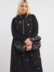 Simply Be Black 100% Cotton Floral Embroidered Midaxi Apron Denim Dress - Image 2 of 4