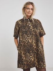 Simply Be Brown Leopard Print Boxy Short Denim Dress - Image 1 of 4
